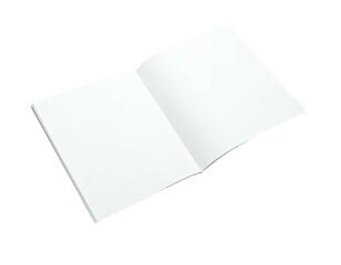 Angled view of a blank, open book with white pages, isolated on a black background