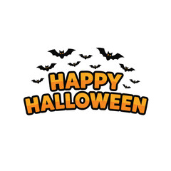 Happy Halloween Typography with Flying Bats, Orange Font, and Festive Black Outline

