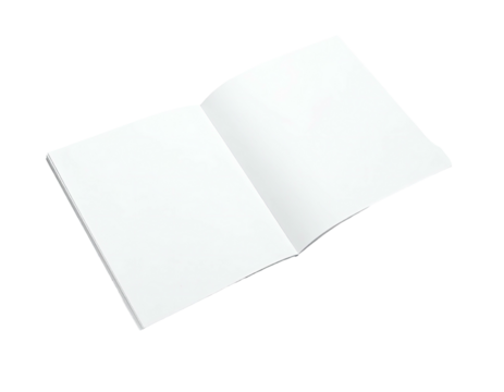Angled view of a blank, open book with white pages, isolated on a black background