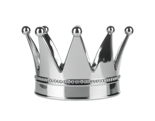 A metallic, silver crown with jewels, depicted against a black background