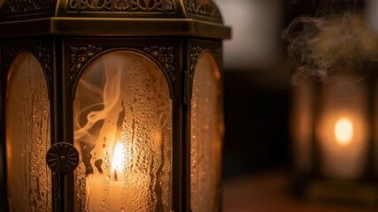 Elegant lantern with flickering candle illuminates space with gentle smoke trails. 4k Video footage - Powered by Adobe