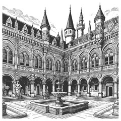 Fototapeta premium palace courtyard with arched windows, towers, statues, gardens, and a central fountain sketch engraving generative ai vector illustration. Scratch board imitation. Black and white image.