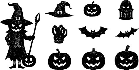 sketch Set of halloween silhouettes black icon and character. Vector illustration. Isolated on white background.