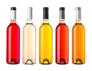 Five wine bottles of varying shades, lined up with shiny caps, presented on a black background