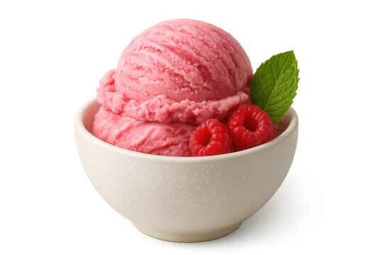 Raspberry gelato scoops in white bowl with fresh mint leaf and berries, isolated on transparent background