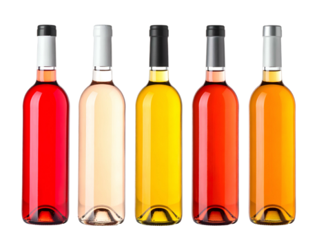 Five wine bottles of varying shades, lined up with shiny caps, presented on a black background