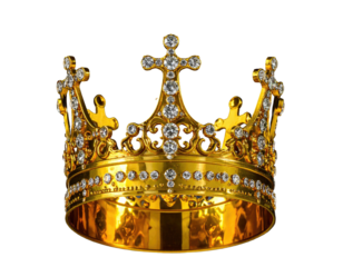 A detailed gold crown featuring glittering gems, rendered against a dark background