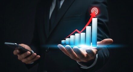 Businessman holding a glowing financial growth chart with a target symbol overhead