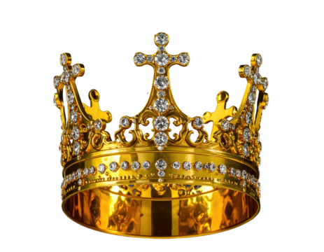 A detailed gold crown featuring glittering gems, rendered against a dark background