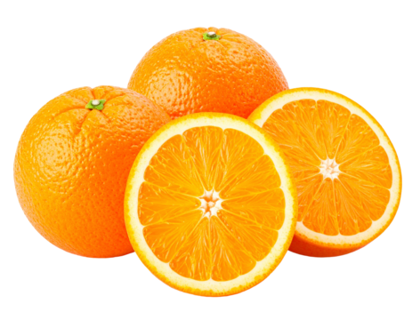 Four citrus fruits, three whole and one bisected to show the juicy internal structure