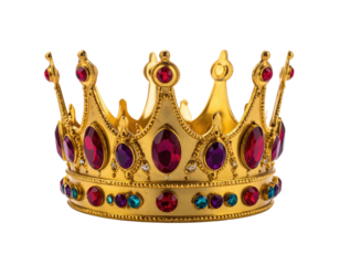 A detailed, golden crown with various colored gemstones and royal embellishments