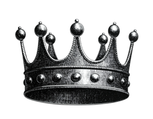 An illustrative engraving of a regal crown, rendered in monochrome against a black background