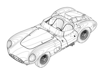 Fototapeta premium Detailed contour drawing of a retro sport cabriolet on a white background.