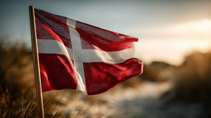 The Danish Flag Dannebrog Fluttering Against a Clear Blue Sky Symbol of Nordic Pride and Heritage in a Gentle Breeze