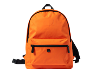 Isolated orange backpack, front view, black straps, pocket, zipper closure, urban style
