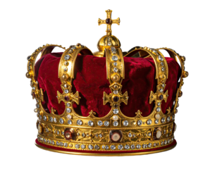 Ornate golden coronation headwear adorned with gems, set against a transparent backdrop
