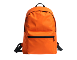 Vibrant orange backpack with black accents, a main compartment, and a front zippered pocket