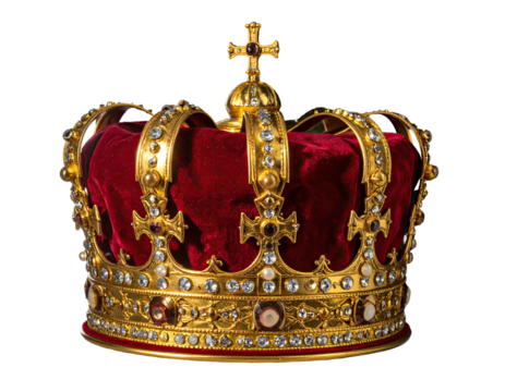 Ornate golden coronation headwear adorned with gems, set against a transparent backdrop