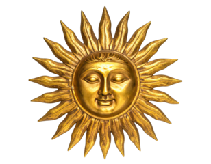 Gleaming golden sun medallion with a serene face and radiating rays