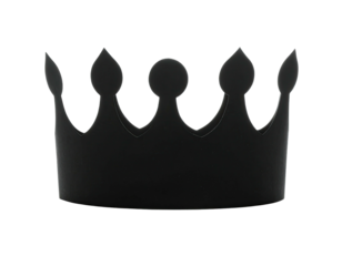 A dark, simple silhouette of a crown, isolated on a stark black background