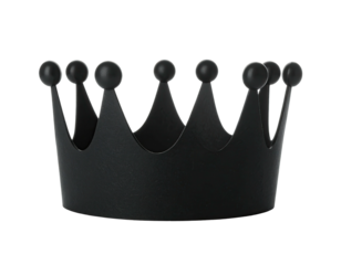 Rendered studio shot of a black, minimalist crown on a solid black background
