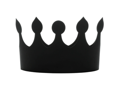 A dark, simple silhouette of a crown, isolated on a stark black background