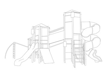 Black and white contour drawing of a kids playground structure featuring a slide. The minimalist illustration is set against a clean white background.