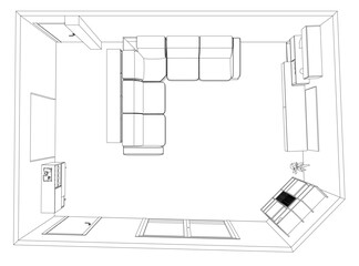 A black and white contour drawing of a living room interior features a central couch with a table and window to the left. The window provides natural light to the space. Top view. Vector illustration