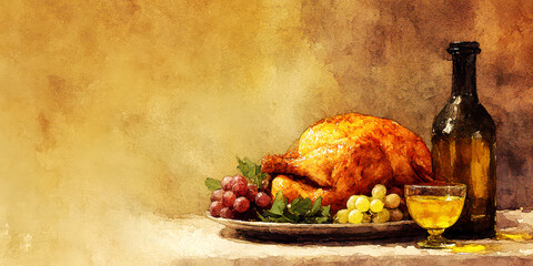 Watercolor Painting of Festive Roasted Turkey with Wine and Grapes on a Platter