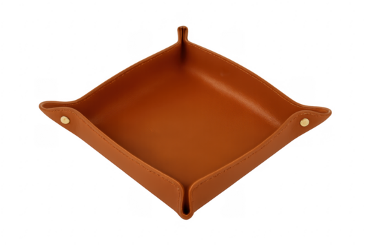 Brown leather valet catchall tray, organized accessories