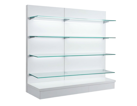 Modern minimalist white display fixture with glass shelves, empty, against a black backdrop