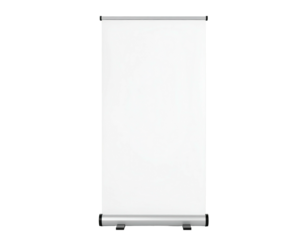A blank, white retractable banner isolated against a solid black backdrop