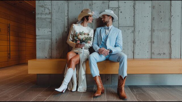 A funny cowboy style couple at the registry office on their wedding day. The groom tries to lift the bride&rsquo;s small veil but fails as it touches his face. Both laugh sweetly. Love, humor, lifestyle ads
