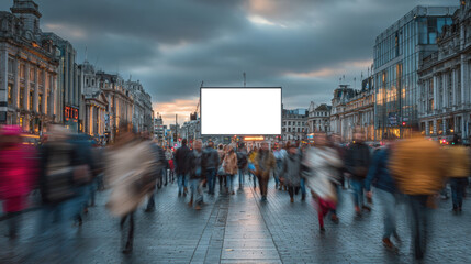 Motion-blurred people walk past a prominent blank digital billboard in a bustling city street at dusk. This vibrant urban scene captures dynamic energy and advertising potential.