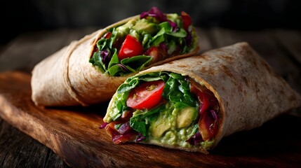 Two fresh healthy whole wheat wraps filled with avocado tomatoes and greens presented on a rustic wooden board