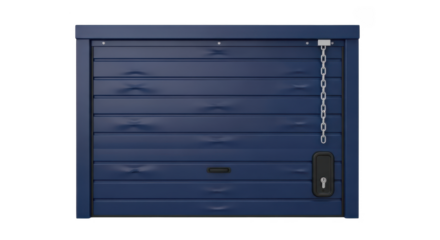 Blue horizontal sliding gate with chain lock mechanism isolated isolated on transparent background