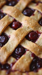 Homemade Rustic Cherry Lattice Pie on Wooden Table with Natural Light