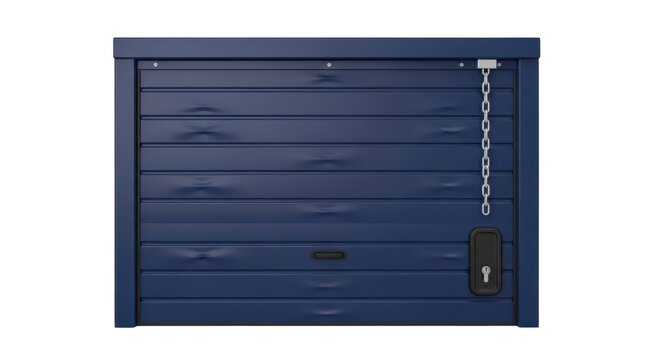 Blue horizontal sliding gate with chain lock mechanism isolated isolated on transparent background
