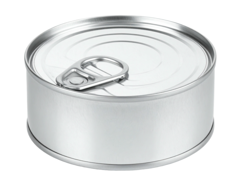 Isolated side view of a cylindrical metal food container, featuring a pull-tab for opening