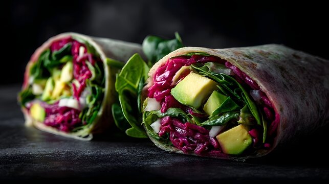 Two vibrant healthy wraps filled with fresh greens avocado and shredded red cabbage presented with dramatic lighting on a dark surface
