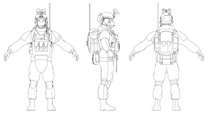 Soldier in full uniform strikes a pose, wearing a helmet and carrying a bag on a clean white background. View front, side and back. Vector illustration