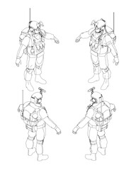 A soldier in full space armor uniform strikes a pose with a helmet, chest plate, and a gun in hand against a white background. Isometric view. Vector illustration