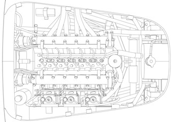 Fototapeta premium Detailed sports car engine contour drawing on white background features labeled pistons, valves, and components in classic black and white.