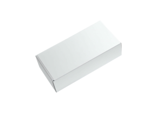 Angled perspective of a closed, rectangular, white package on a black background