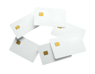 Close-up of several white rectangular cards, each with a golden embedded chip
