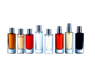 Array of perfume bottles displaying various liquid hues, set against a black background