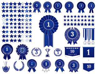 Set of navy blue awards, badges, ribbons, stars, and medals, with white numeral details