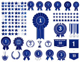 Set of navy blue awards, badges, ribbons, stars, and medals, with white numeral details