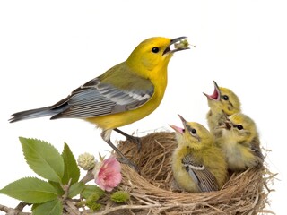 Fototapeta premium Blue-winged Warbler Mother With 3–4 Chicks Isolated