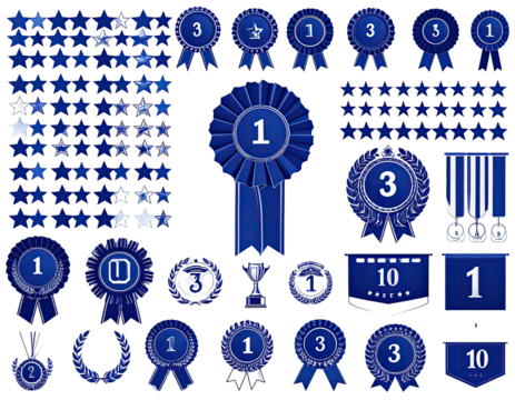 Set of navy blue awards, badges, ribbons, stars, and medals, with white numeral details